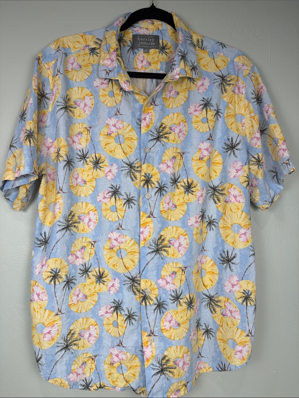 🌴Berkley Jensen Men Linen Blend Hawaiian Pineapple Palm Tree Short Sleeve SizeXL